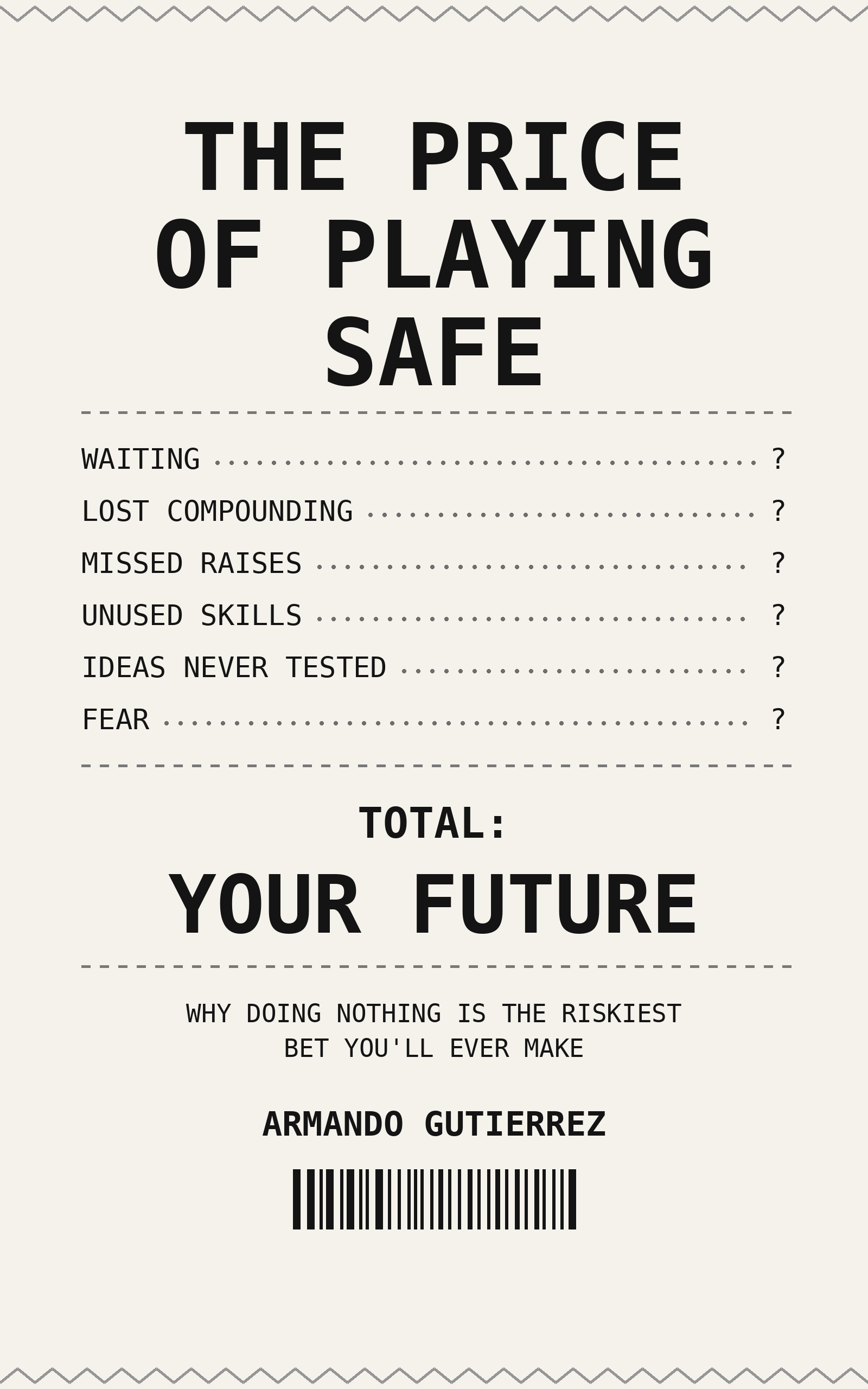 The Price of Playing Safe — book cover styled as a store receipt